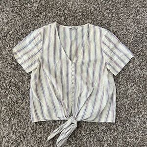 Madewell Cream and Purple Striped Tie-Front Blouse